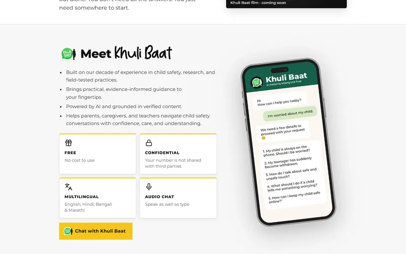 Khuli Baat landing page section introducing the WhatsApp chatbot