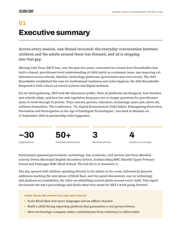 Executive summary page of the Round Table Conference Report 2026
